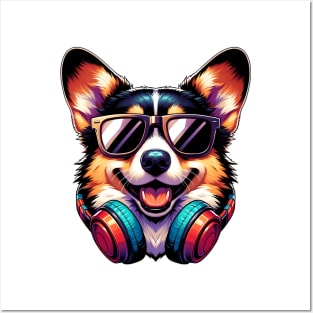 Pembroke Welsh Corgi as Smiling DJ with Headphones and Sunglasses Posters and Art